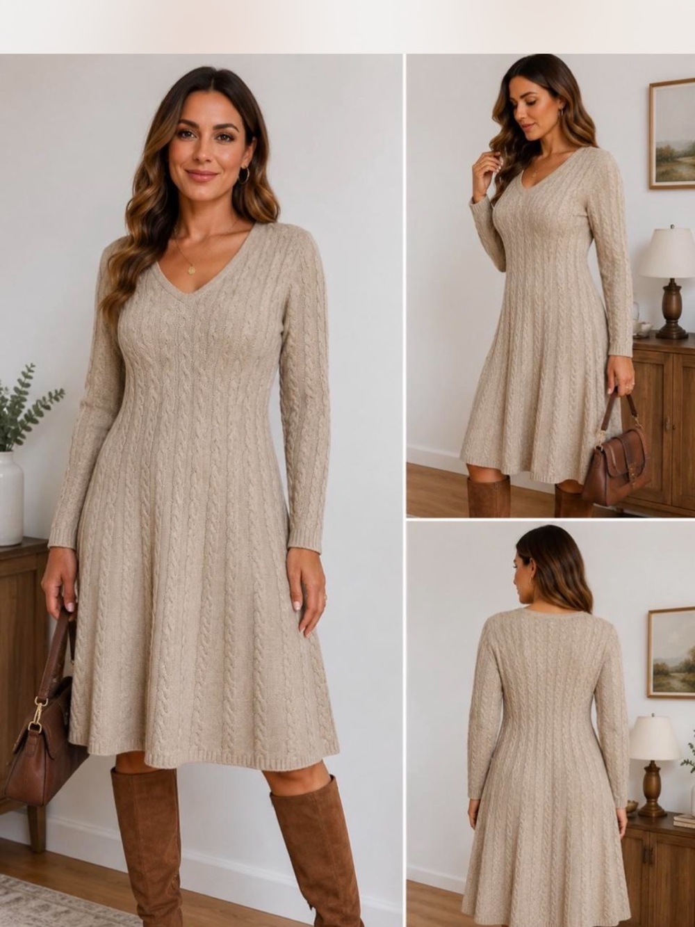 Jessica Beige Cable Knit V-Neck Sweater Dress